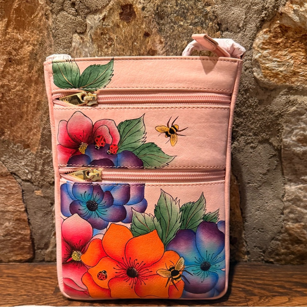 ANUSCHKA RFID Top Zip Travel Crossbody PARADISE FOUND PINK NWT! - Picture 8 of 16